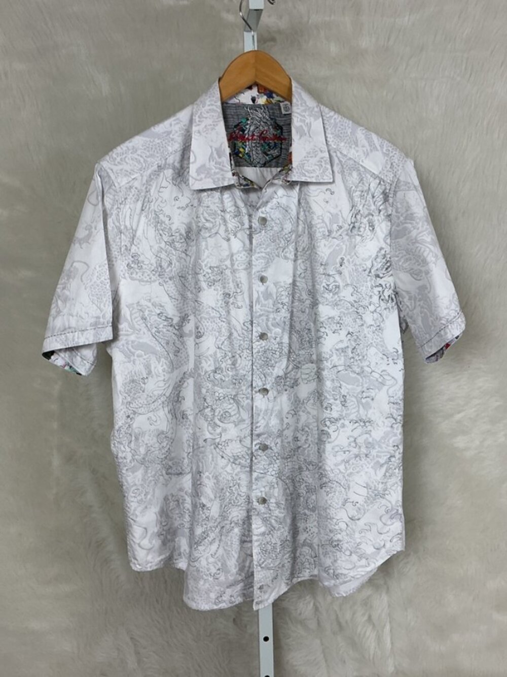 Robert Graham Short Sleeve Gray White Embroidered Dragon Classic Fit Shirt 2XL